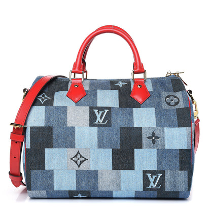 Louis Vuitton Denim Damier Monogram Patchwork Speedy Bandouliere 30 Blue Rouge 1 of 9
