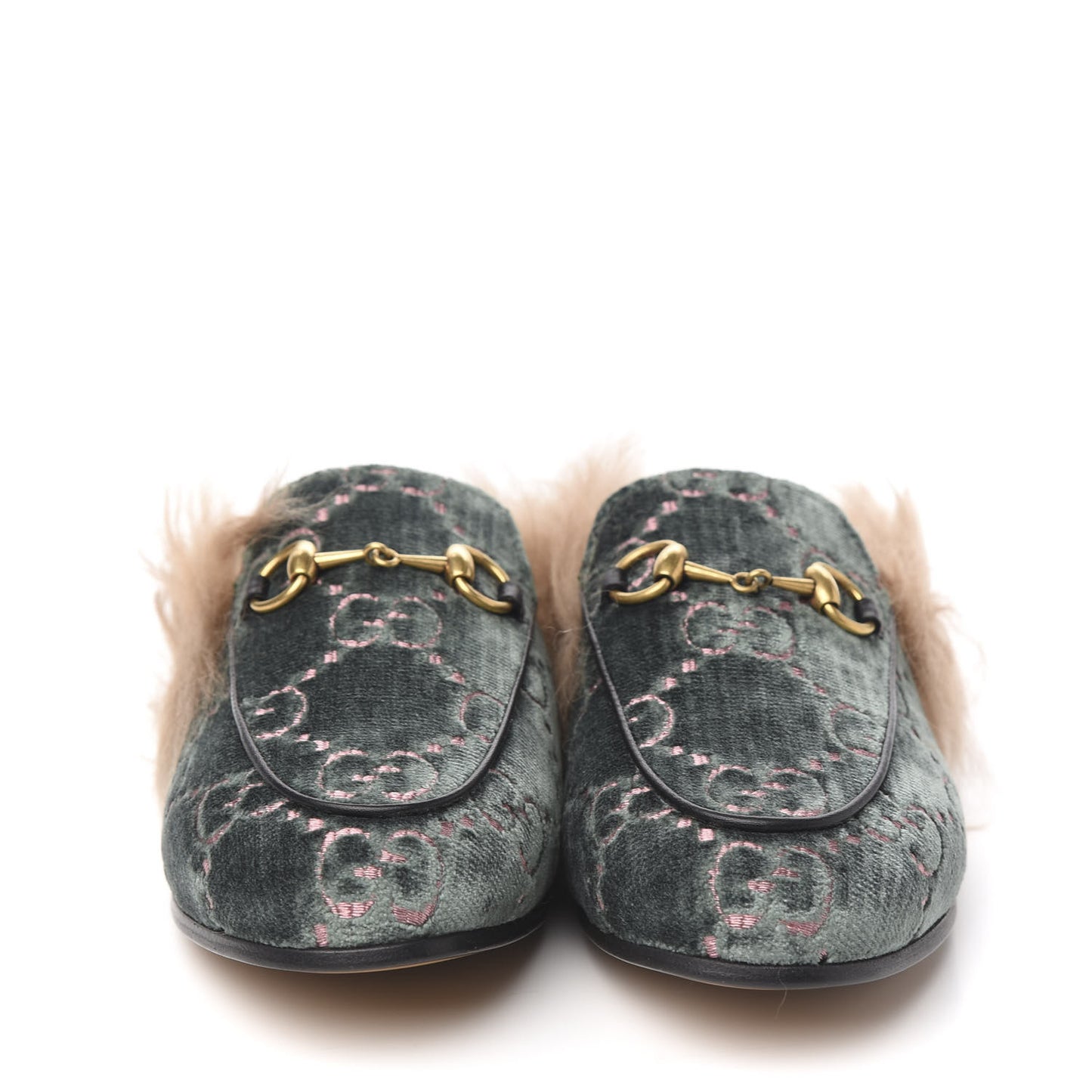 Velvet GG Monogram Fur Womens Princetown Slippers 35 Avio Dusty Pink