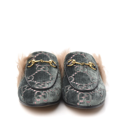 Gucci Velvet GG Monogram Fur Womens Princetown Slippers 35 Avio Dusty Pink 2 of 8