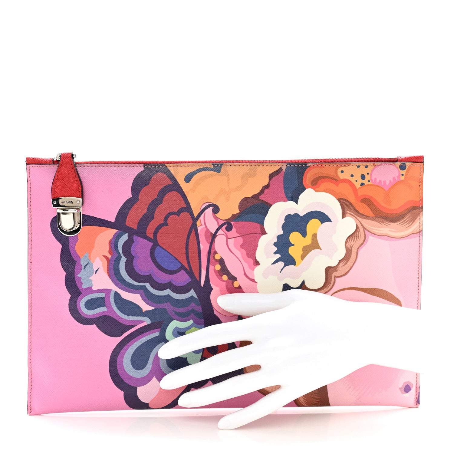 Prada Saffiano Butterfly Print Clutch Rosso Multicolor 2 of 10