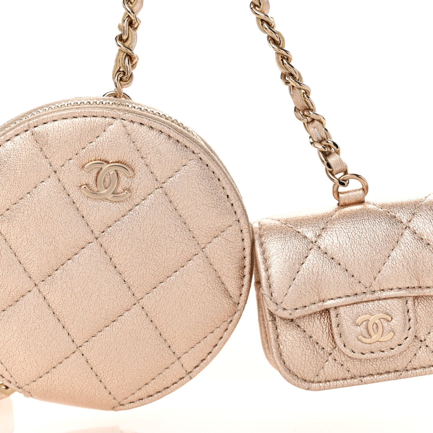 Metallic Lambskin Quilted Round Clip On Coin Purse Airpods Case Gold