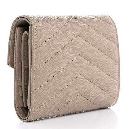 Saint Laurent Grain De Poudre Matelasse Chevron Cassandre Monogram Compact Tri Fold Wallet Dark Beige 3 of 10