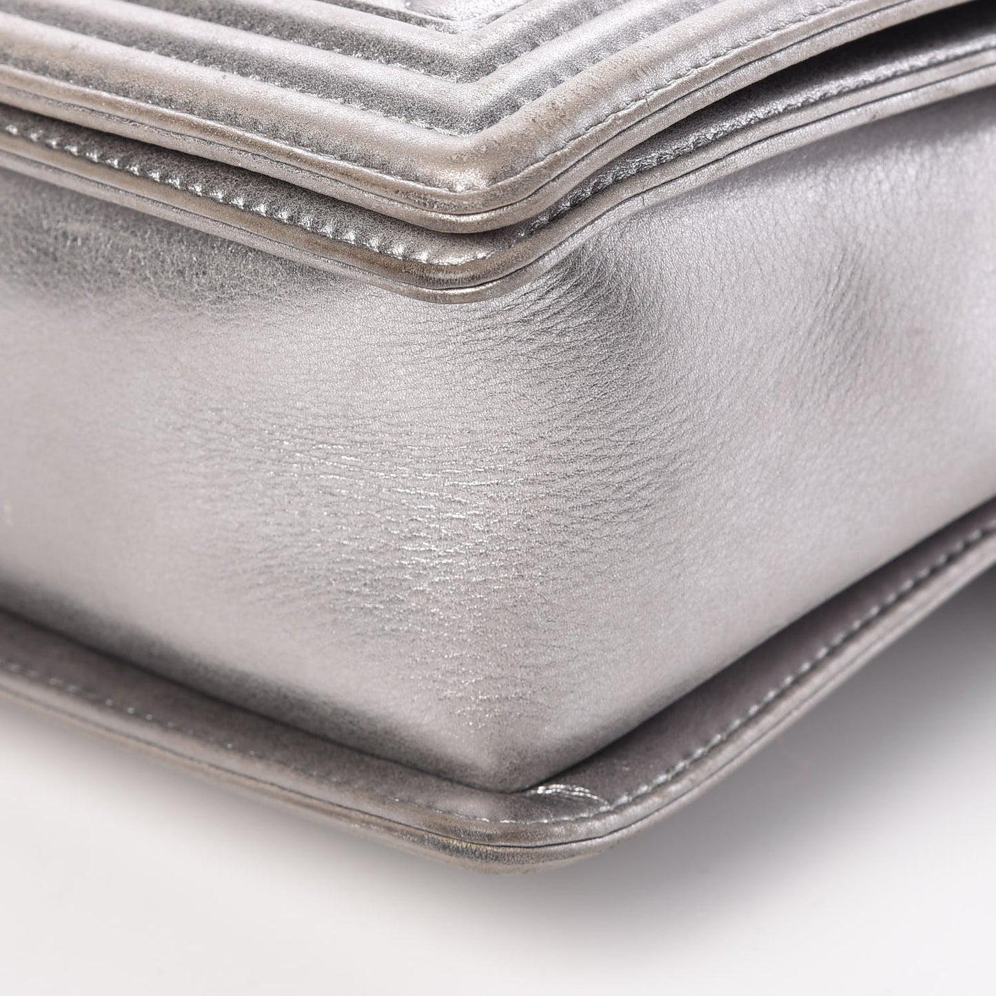 Metallic Calfskin Quilted Large Boy Flap Silver