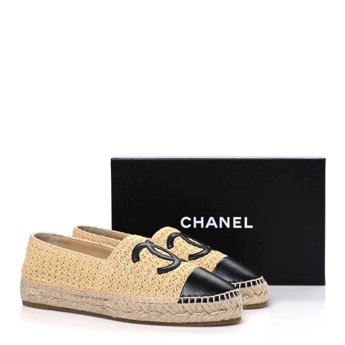 Braided Fabric Lambskin CC Espadrilles 42 Beige Black