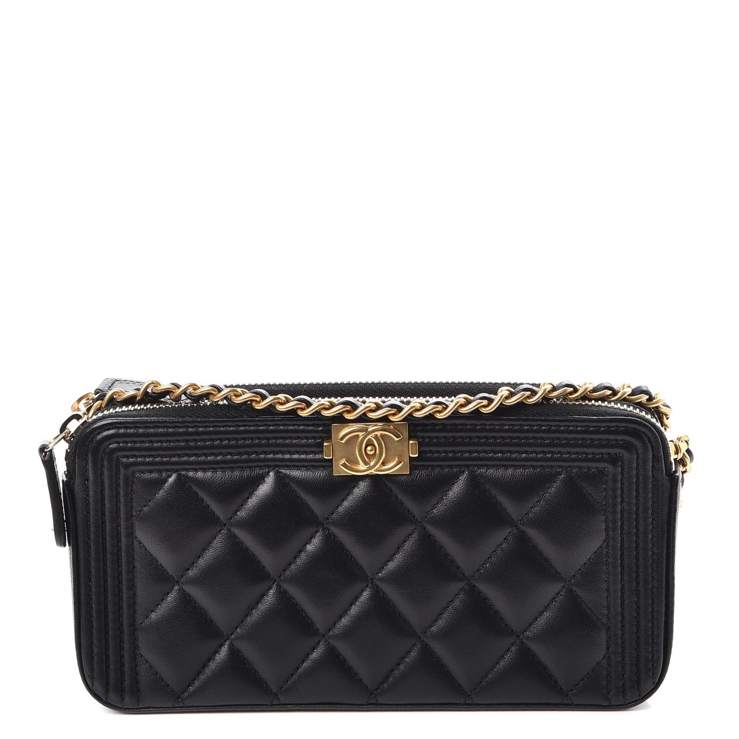 Lambskin Quilted Small Boy Clutch With Chain Black