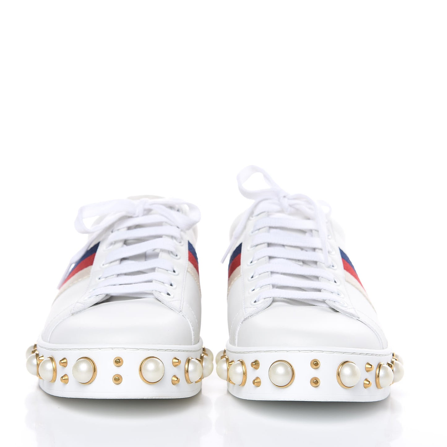 Calfskin Ayers Web Pearl Studded Womens Ace Sneakers 41 White