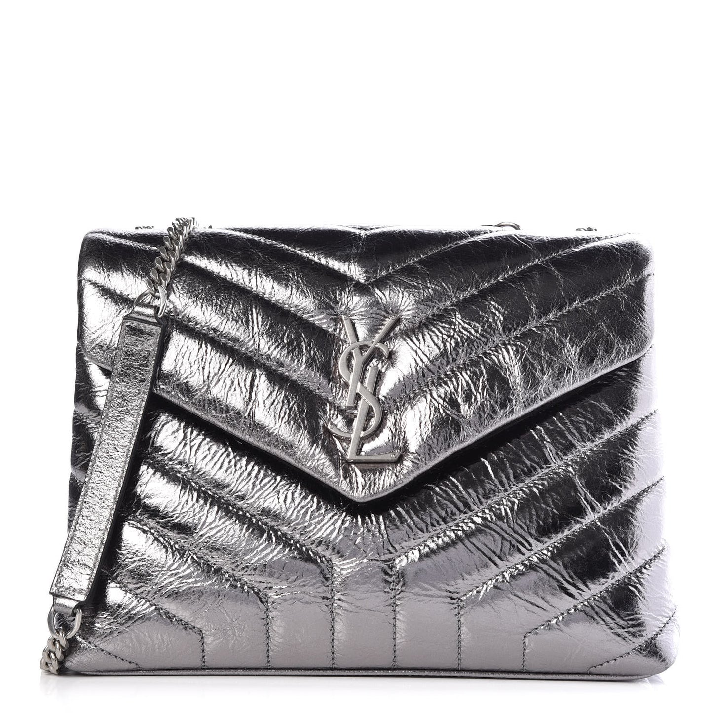 Metallic Calfskin Y Quilted Monogram Small Loulou Chain Satchel Acciaio