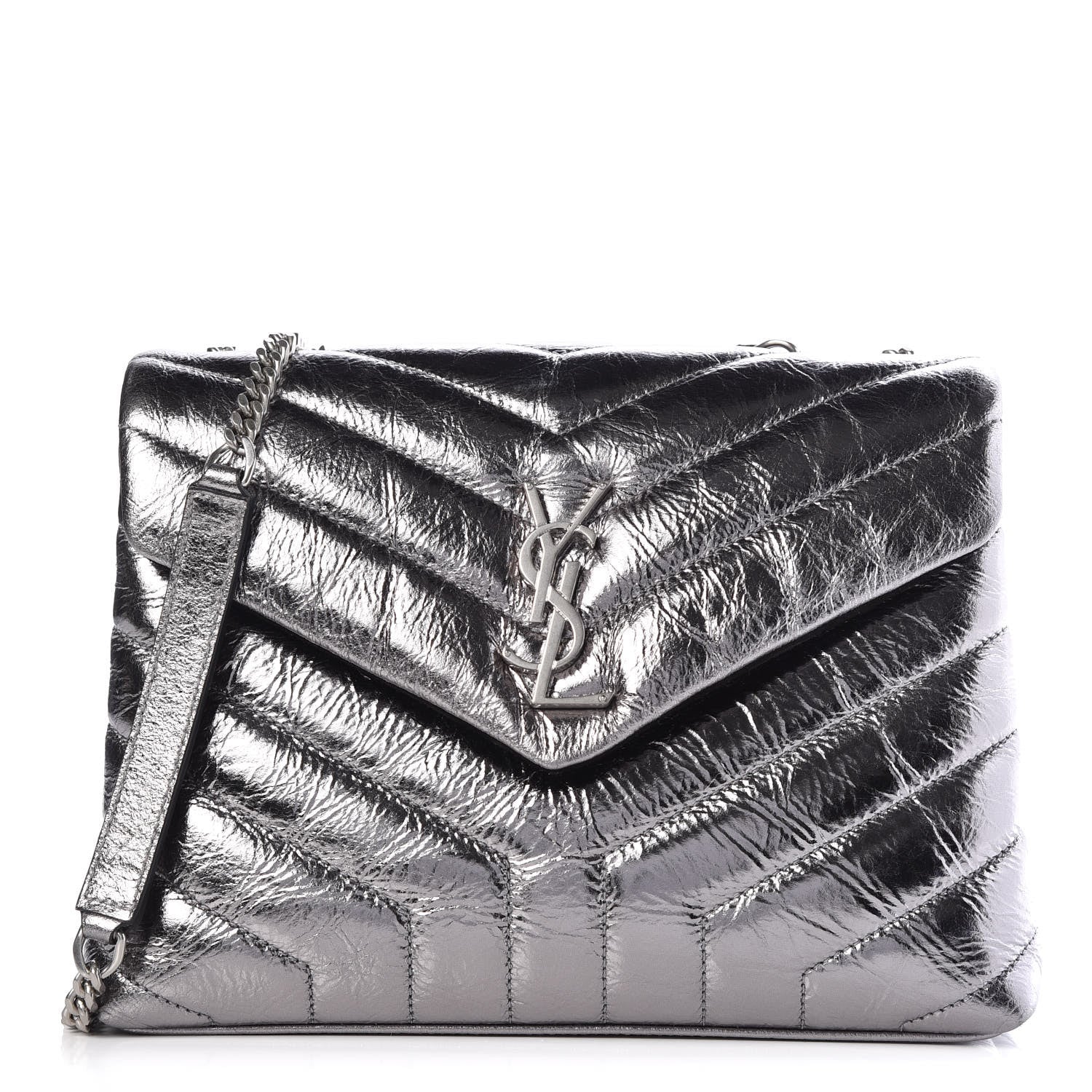 Saint Laurent Metallic Calfskin Y Quilted Monogram Small Loulou Chain Satchel Acciaio 1 of 9