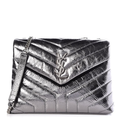 Saint Laurent Metallic Calfskin Y Quilted Monogram Small Loulou Chain Satchel Acciaio 1 of 9