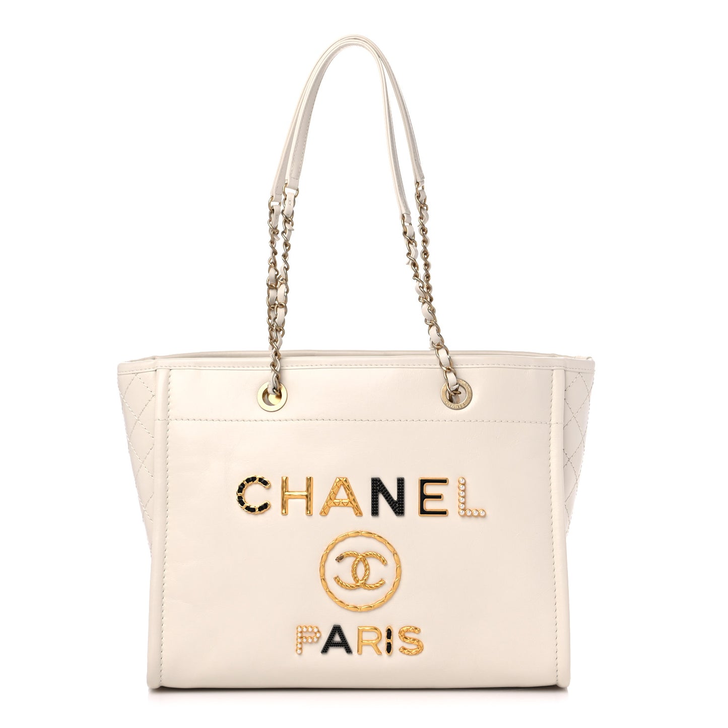 Aged Calfskin Small Charms Deauville Tote White