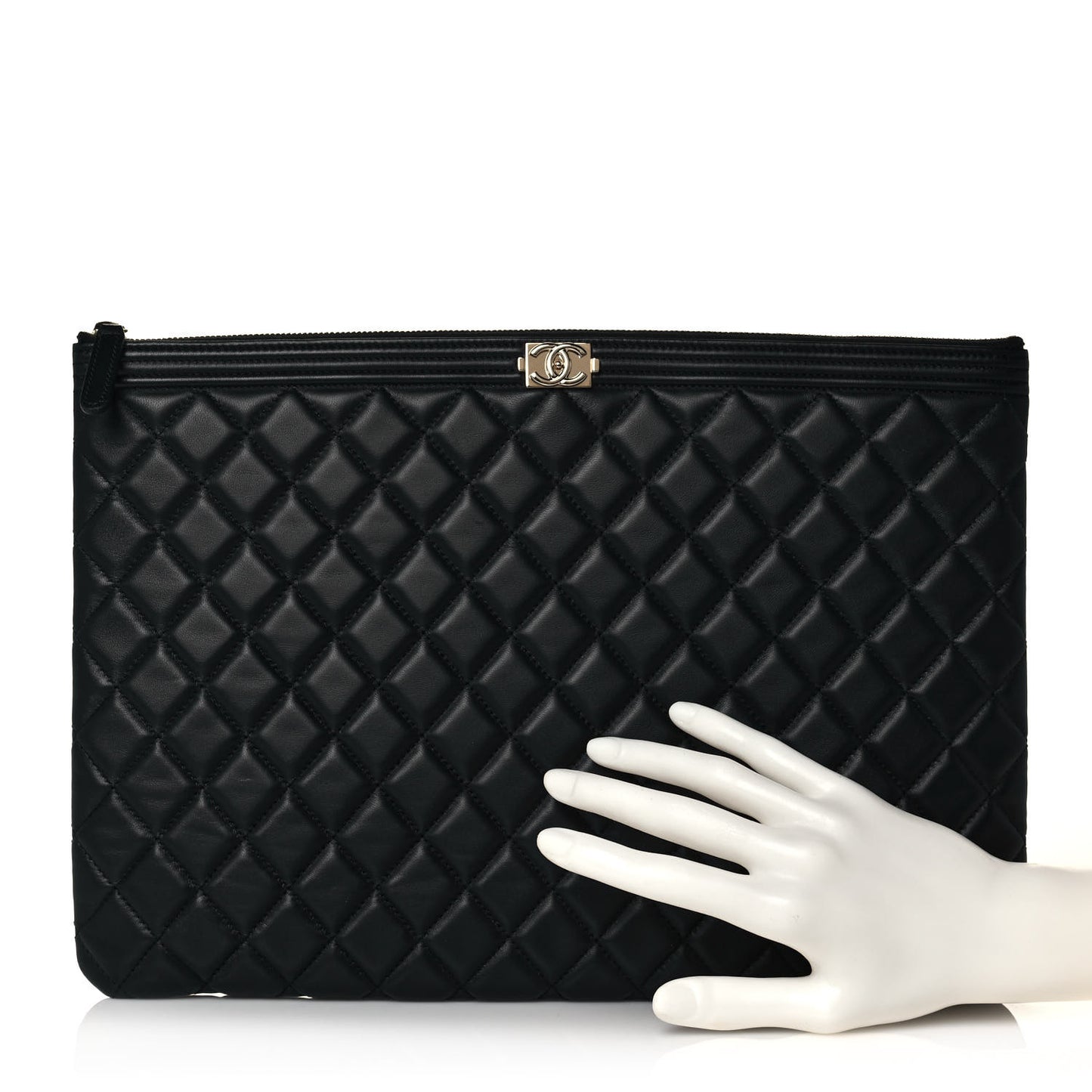 Lambskin Quilted Large Boy Zip Pouch Black