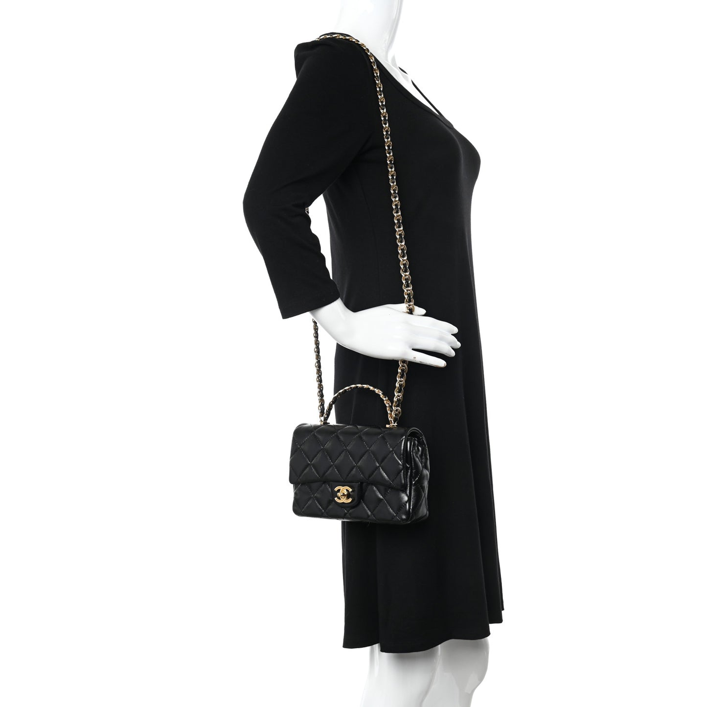 Shiny Lambskin Quilted Golden Links Top Handle Flap Black