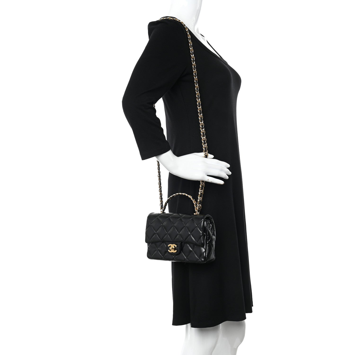 Chanel Shiny Lambskin Quilted Golden Links Top Handle Flap Black 2 of 13