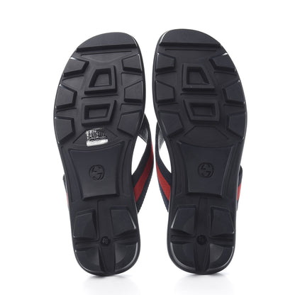 Gucci Nylon Calfskin Web Mens Cleat Sole Thong Sandals 8.5 Black Red Blue 5 of 9