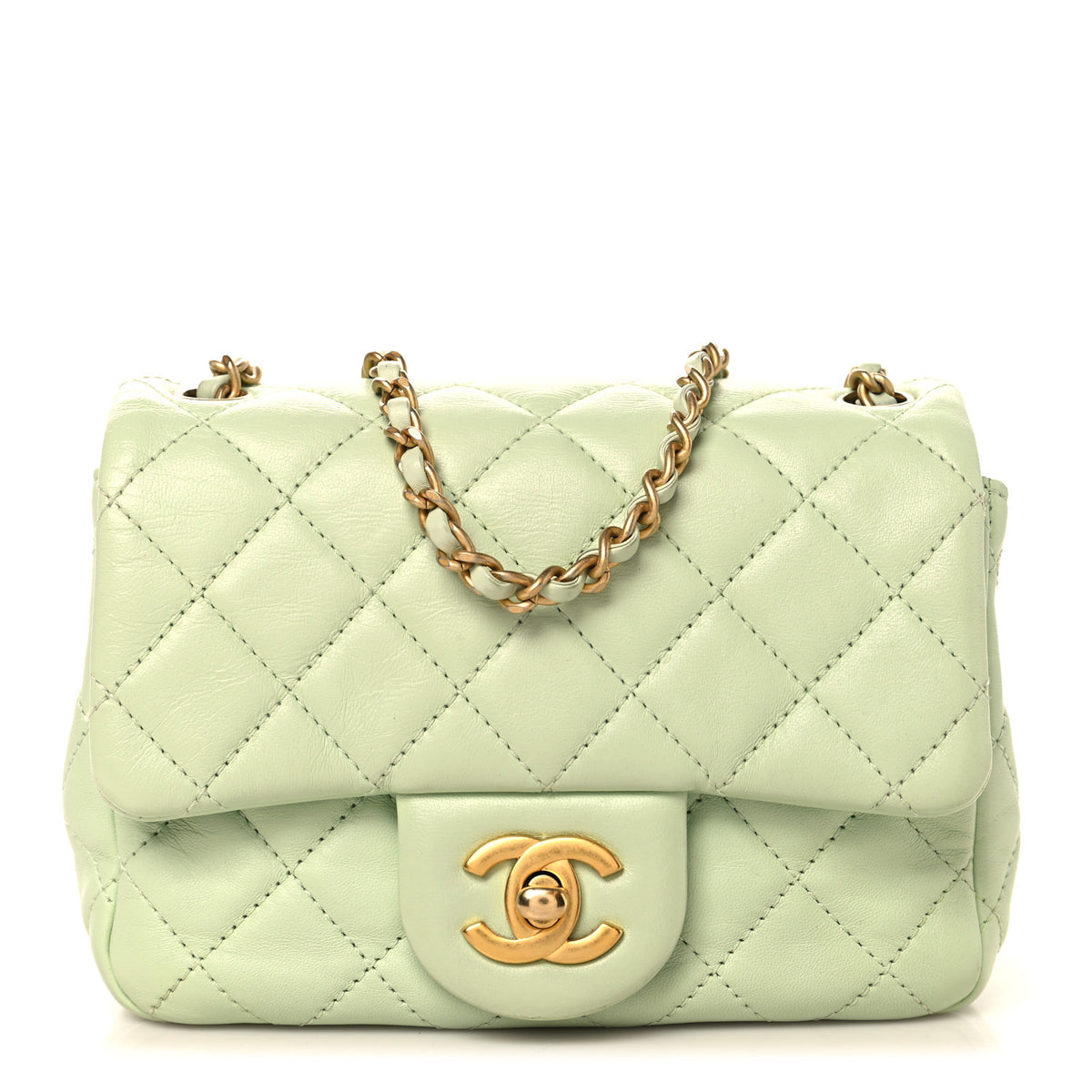 Lambskin Quilted Mini Pearl Crush Flap Light Green