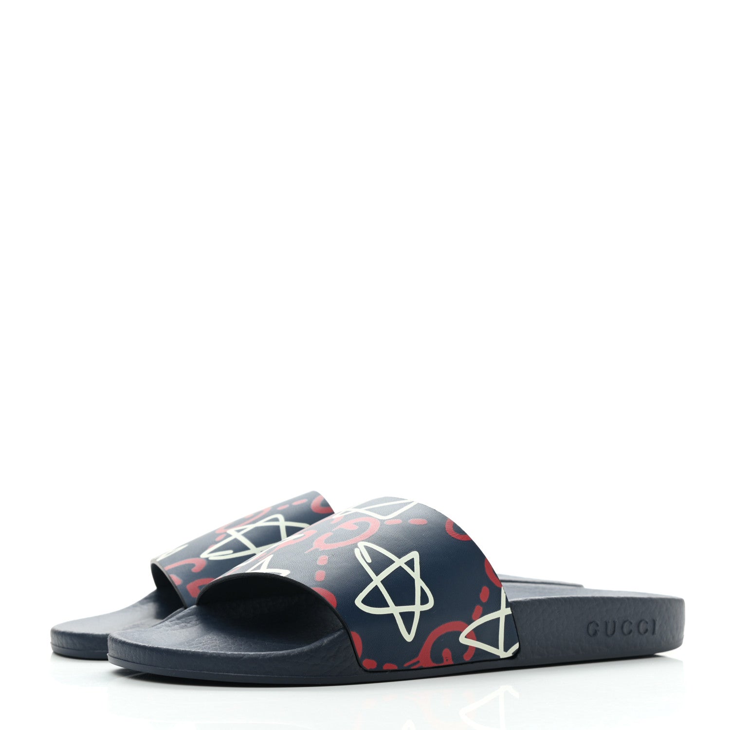 Gucci Calfskin GucciGhost Print Womens Slide Sandals 37 Blue Agata Hibiscus Red 3 of 7