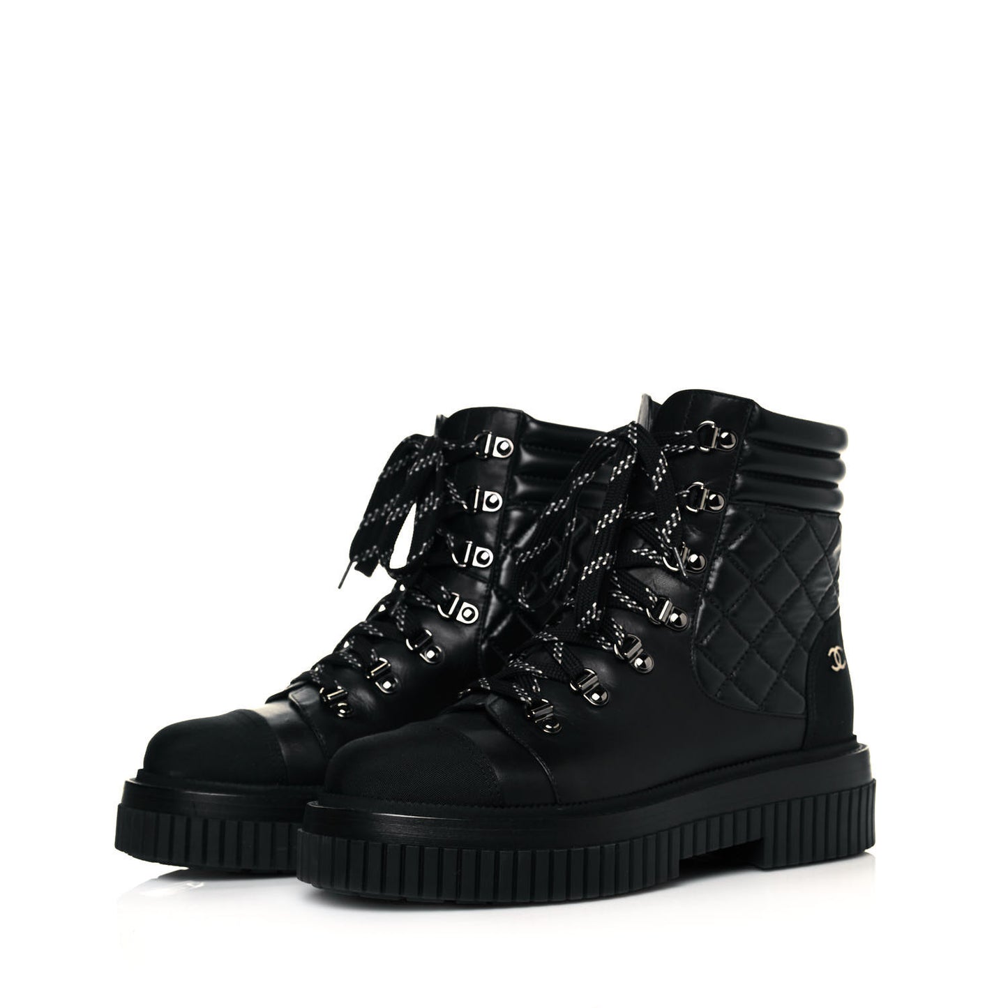 Calfskin Grosgrain Quilted Lace Up Boots 38.5 Black Grey