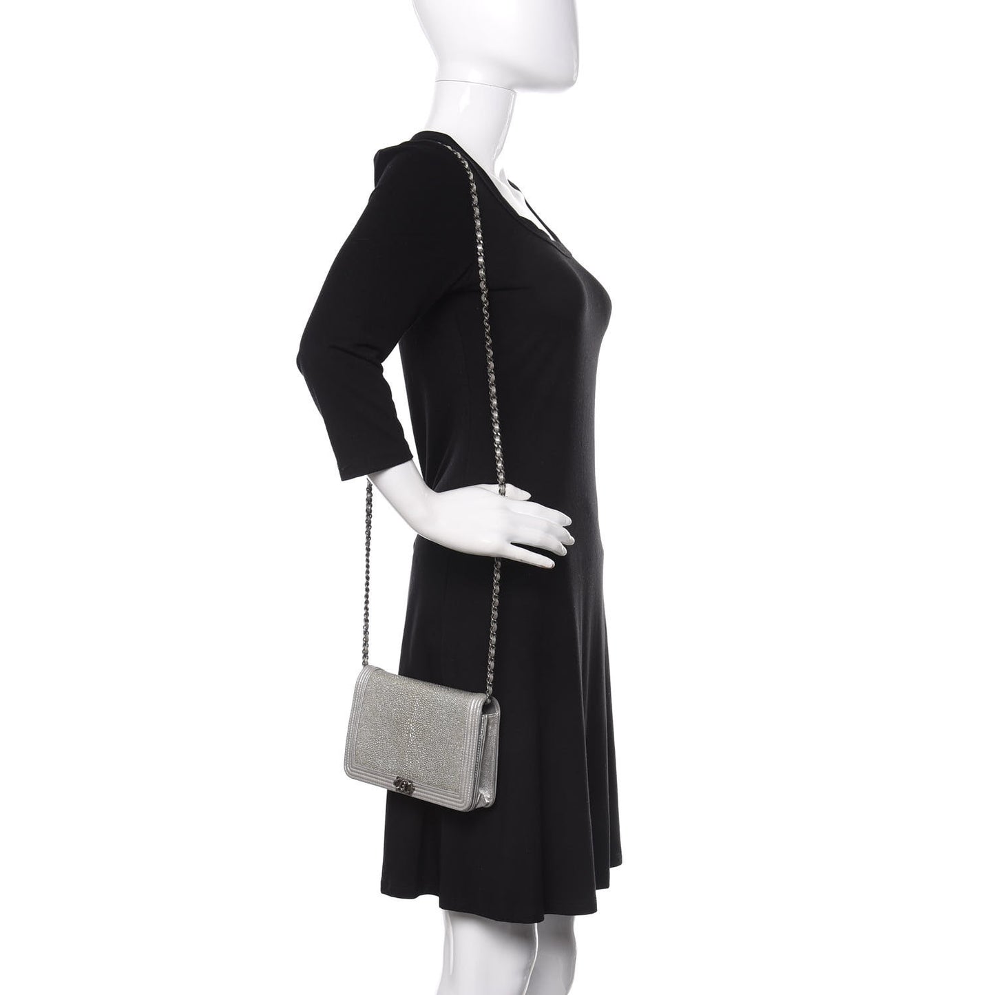 Metallic Galuchat Stingray Lambskin Boy Wallet On Chain WOC Silver