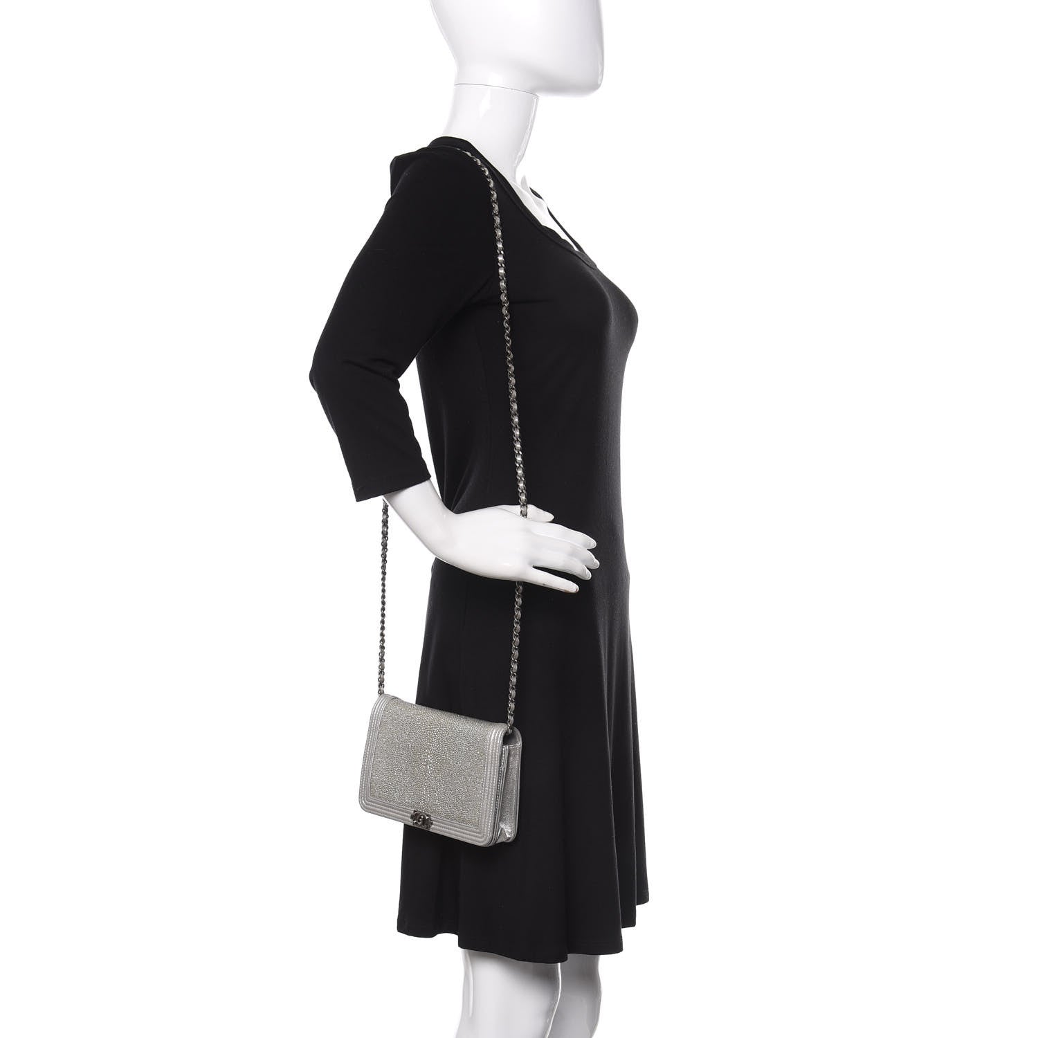 Chanel Metallic Galuchat Stingray Lambskin Boy Wallet On Chain WOC Silver 2 of 14