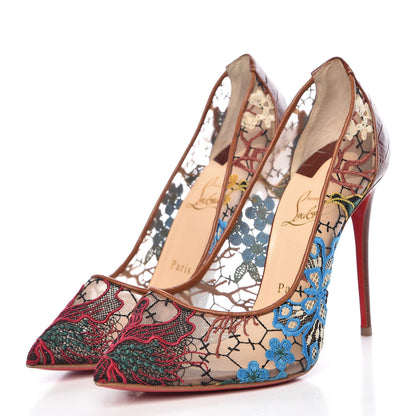 Christian Louboutin Lace Calfskin Crocodile Embossed Follies 100 Pumps 38.5 Cuoio Multicolor 3 of 13