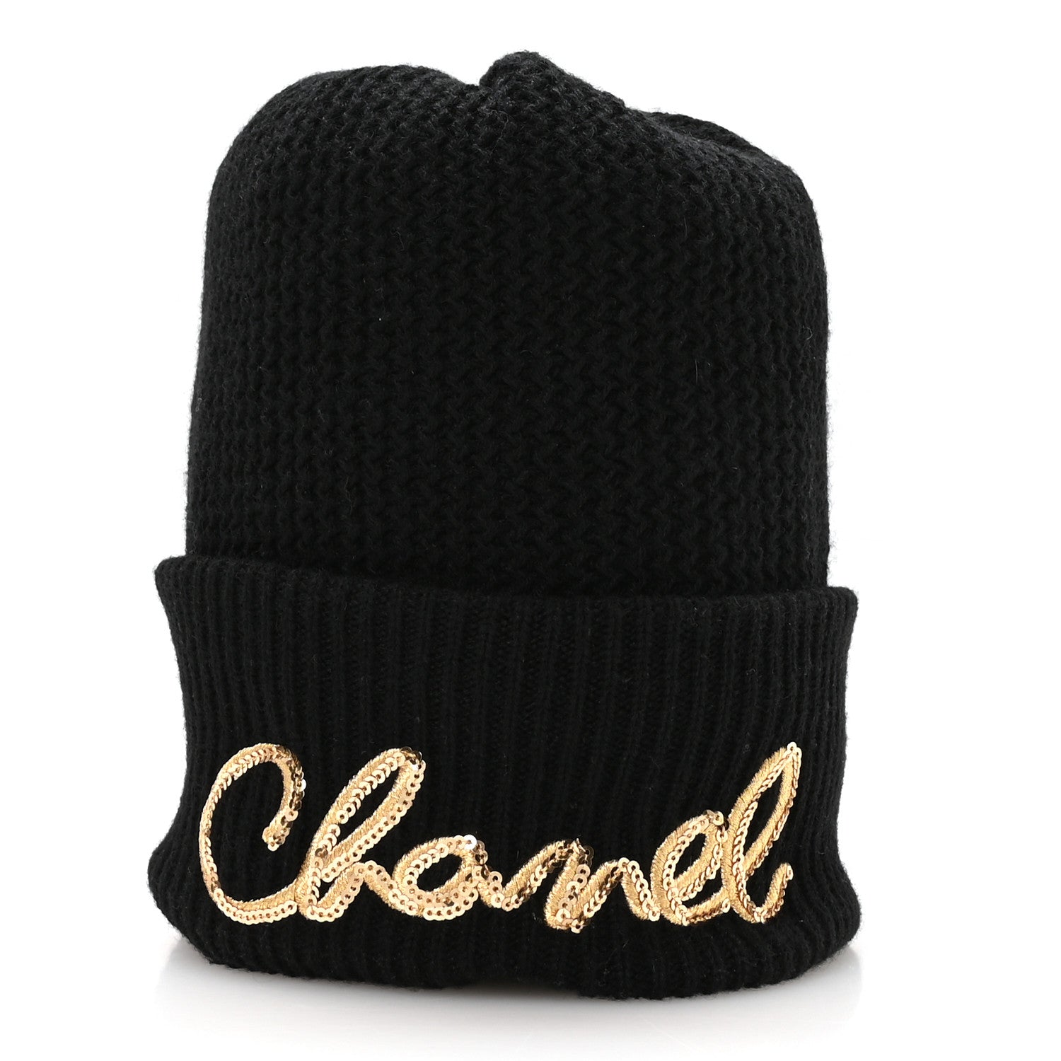 Chanel Cashmere Sequin Logo Beanie Hat Black Gold 3 of 9
