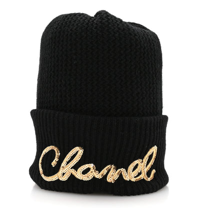 Chanel Cashmere Sequin Logo Beanie Hat Black Gold 3 of 9