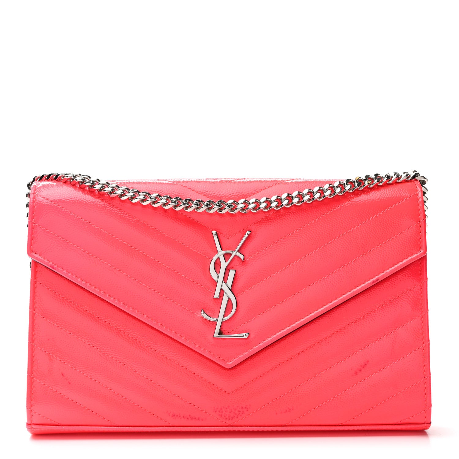 Saint Laurent Patent Grain De Poudre Matelasse Chevron Monogram Chain Wallet Neon Pink 1 of 11