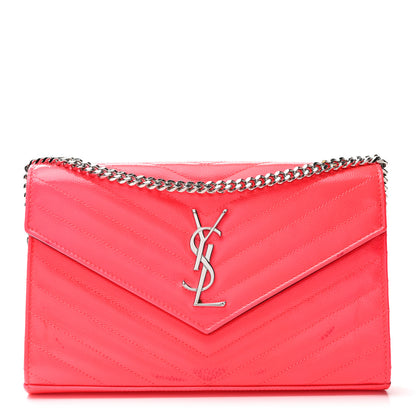 Saint Laurent Patent Grain De Poudre Matelasse Chevron Monogram Chain Wallet Neon Pink 1 of 11