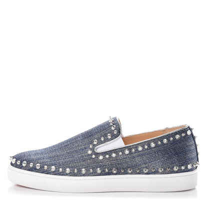 Christian Louboutin Lame Lux Mens Spikes Pik Boat Flat 43 Denim Silver 1 of 8