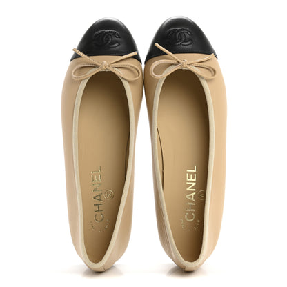 Chanel Lambskin Cap Toe CC Ballerina Flats 38 Beige Black 2 of 10