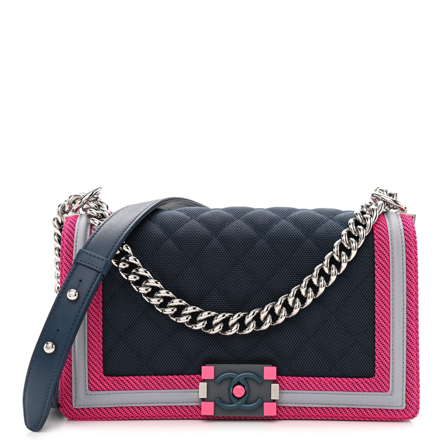 Canvas Quilted Medium Fluo Boy Flap Dark Navy Fuchsia Grey
