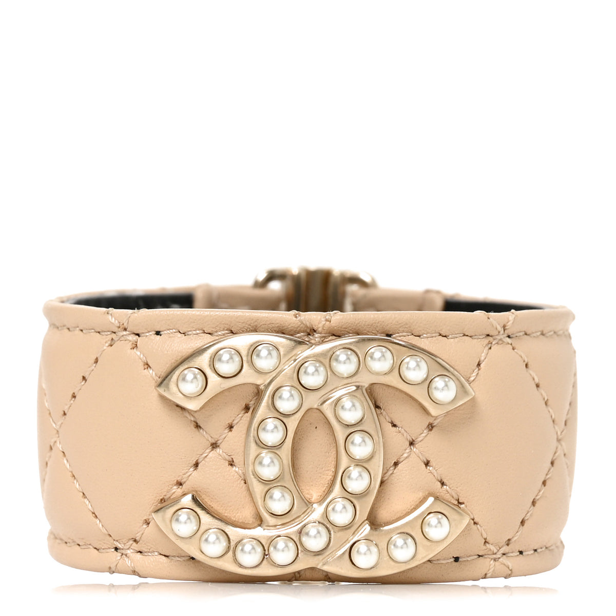 Chanel Lambskin Quilted Pearl CC Cuff Bracelet S Beige 1 of 4