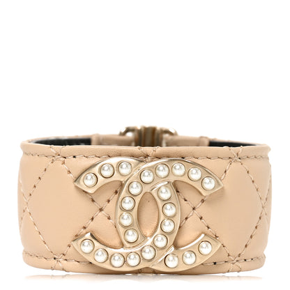 Chanel Lambskin Quilted Pearl CC Cuff Bracelet S Beige 1 of 4