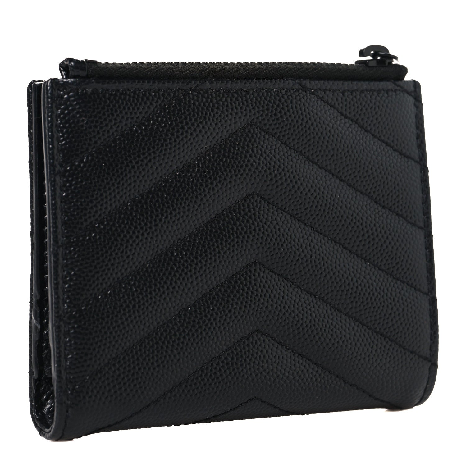 Saint Laurent Grain De Poudre Matelasse Chevron Monogram Zipped Card Case Black Black 3 of 9