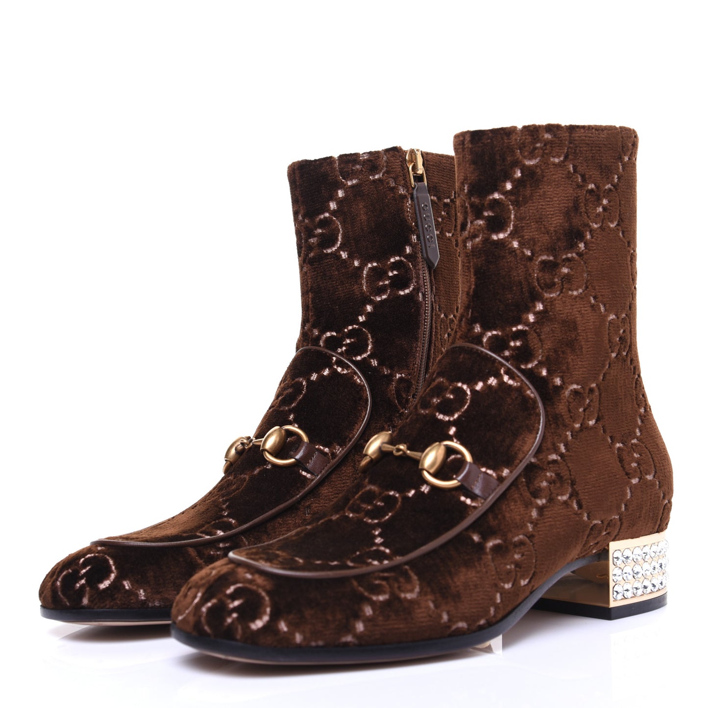 Velvet GG Monogram Crystal Horsebit Ankle Boots 35.5 Brown Vintage Cocoa