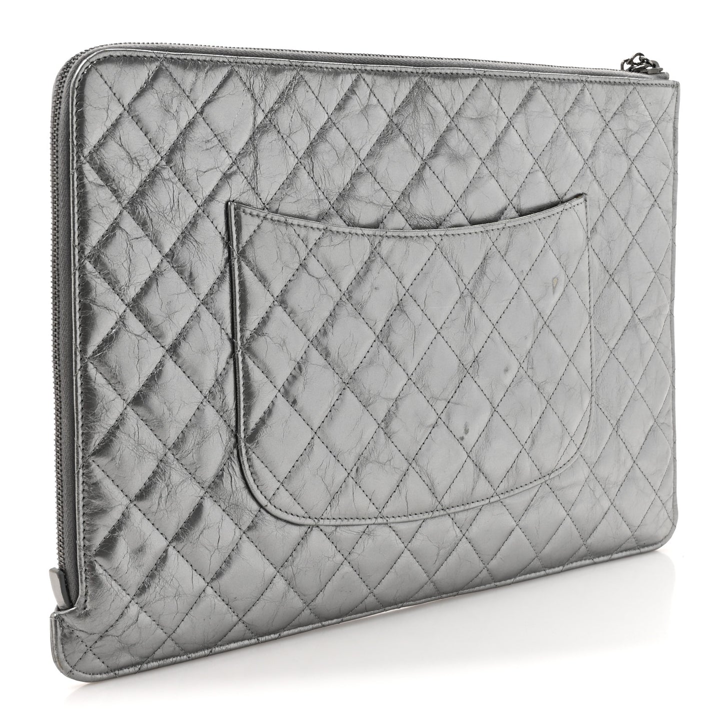 Metallic Crumpled Calfskin Quilted Large Slide Pouch Silver