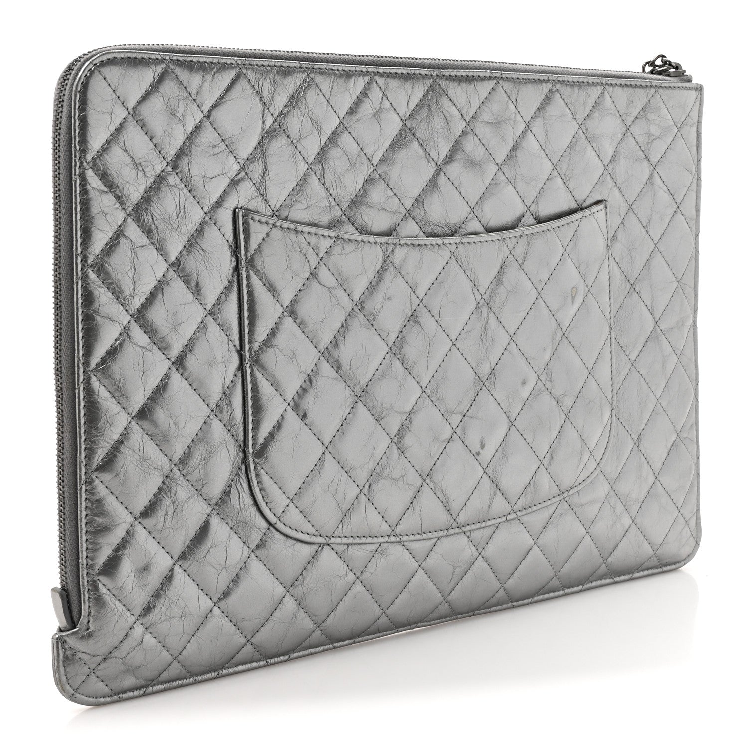 Chanel Metallic Crumpled Calfskin Quilted Large Slide Pouch Silver 3 of 13
