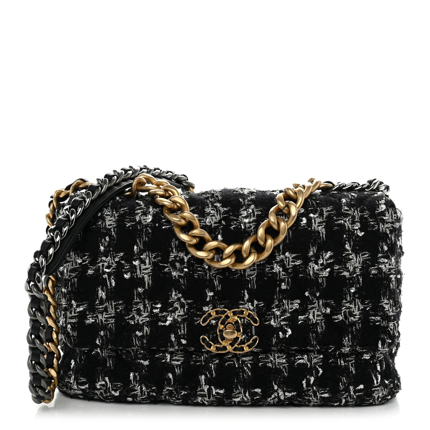 Tweed Quilted Large Chanel 19 Flap Black Silver Ecru