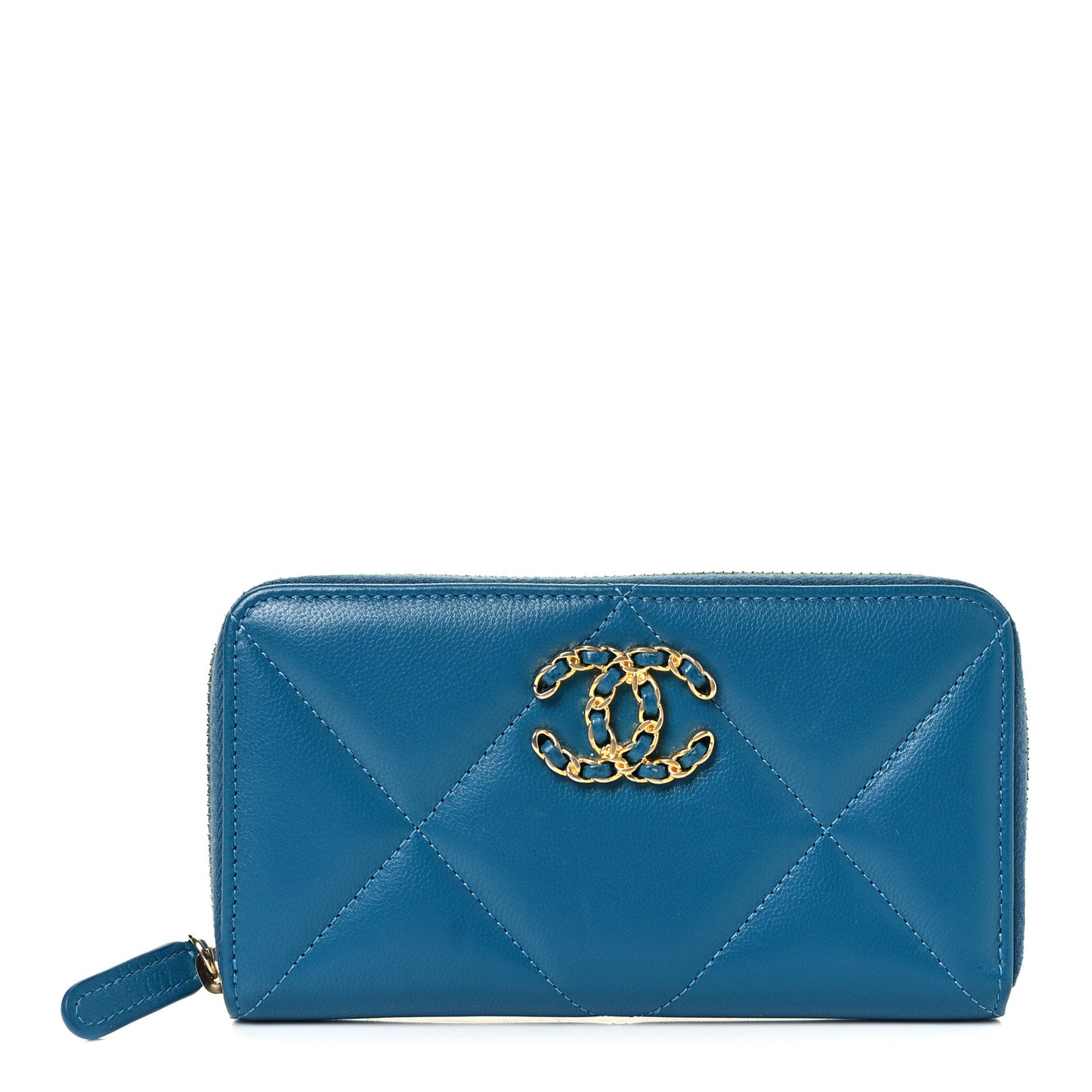 Shiny Goatskin Quilted Medium Chanel 19 Zipped Wallet Turquoise
