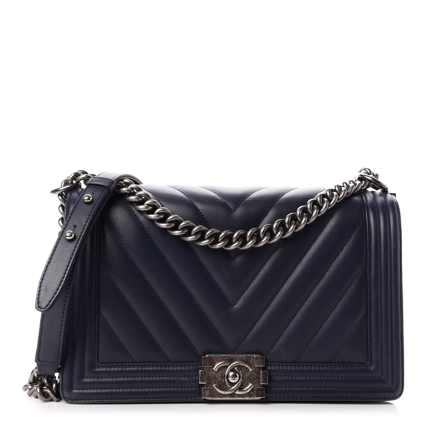 Lambskin Chevron Quilted New Medium Boy Flap Dark Navy Blue