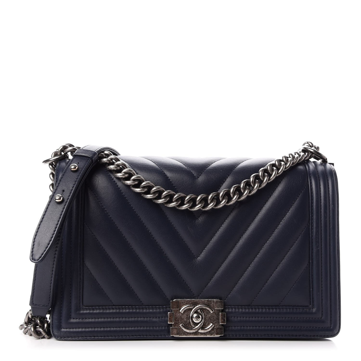 Chanel Lambskin Chevron Quilted New Medium Boy Flap Dark Navy Blue 1 of 12