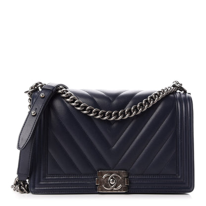 Chanel Lambskin Chevron Quilted New Medium Boy Flap Dark Navy Blue 1 of 12
