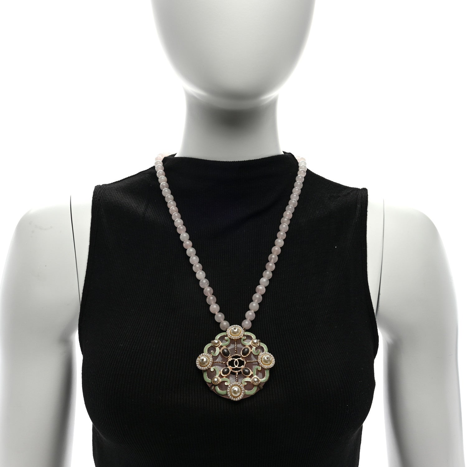 Chanel Rose Quartz Pearl Crystal CC Pendant Necklace Gold 3 of 5