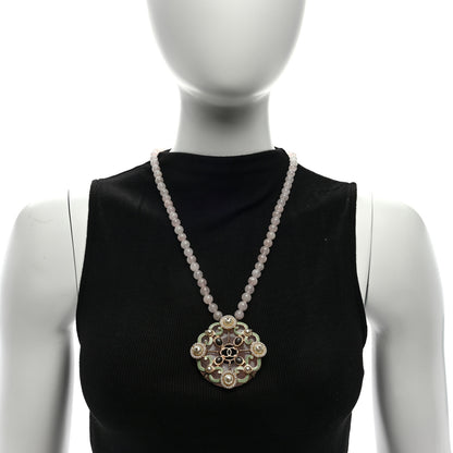 Chanel Rose Quartz Pearl Crystal CC Pendant Necklace Gold 3 of 5
