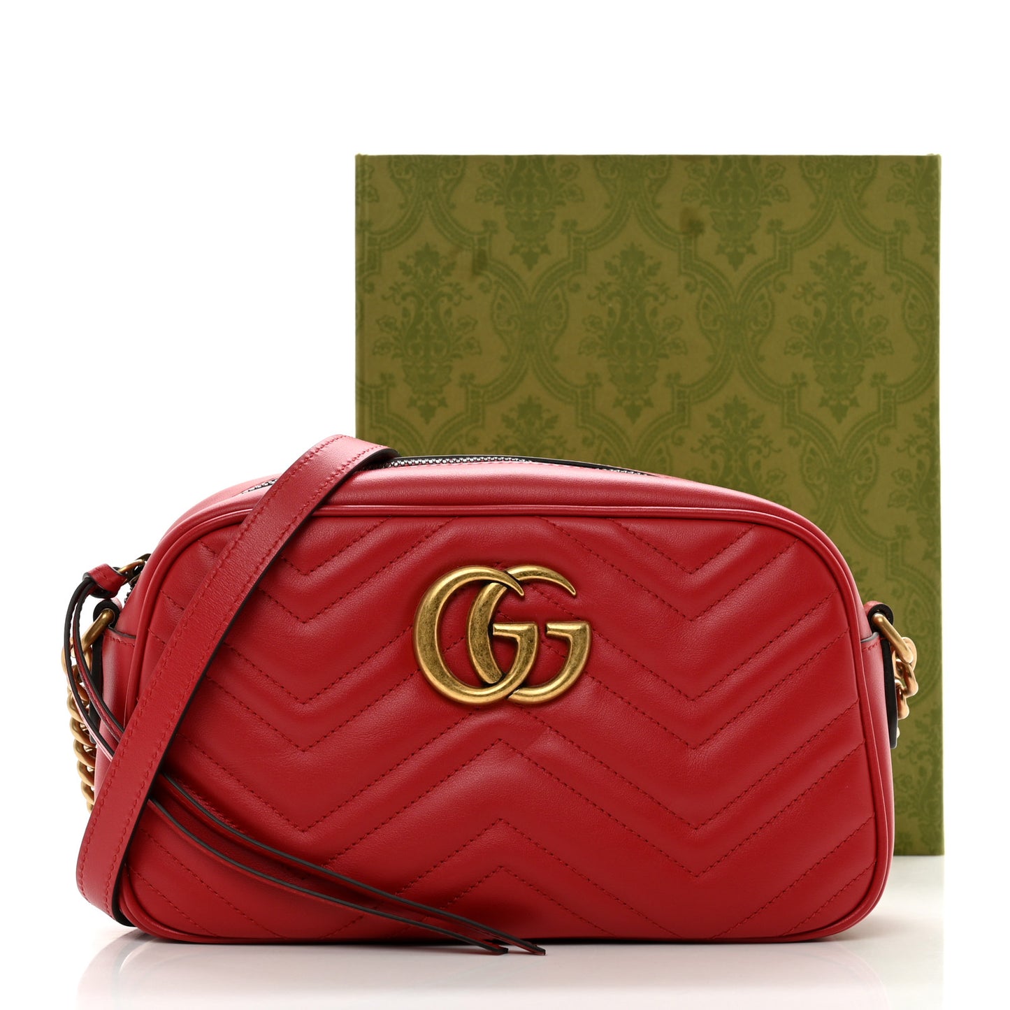 Calfskin Matelasse Small GG Marmont Chain Shoulder Bag Hibiscus Red