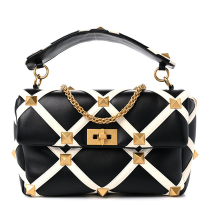 Valentino Garavani Nappa Large Roman Stud Shoulder Bag Black White 1 of 10