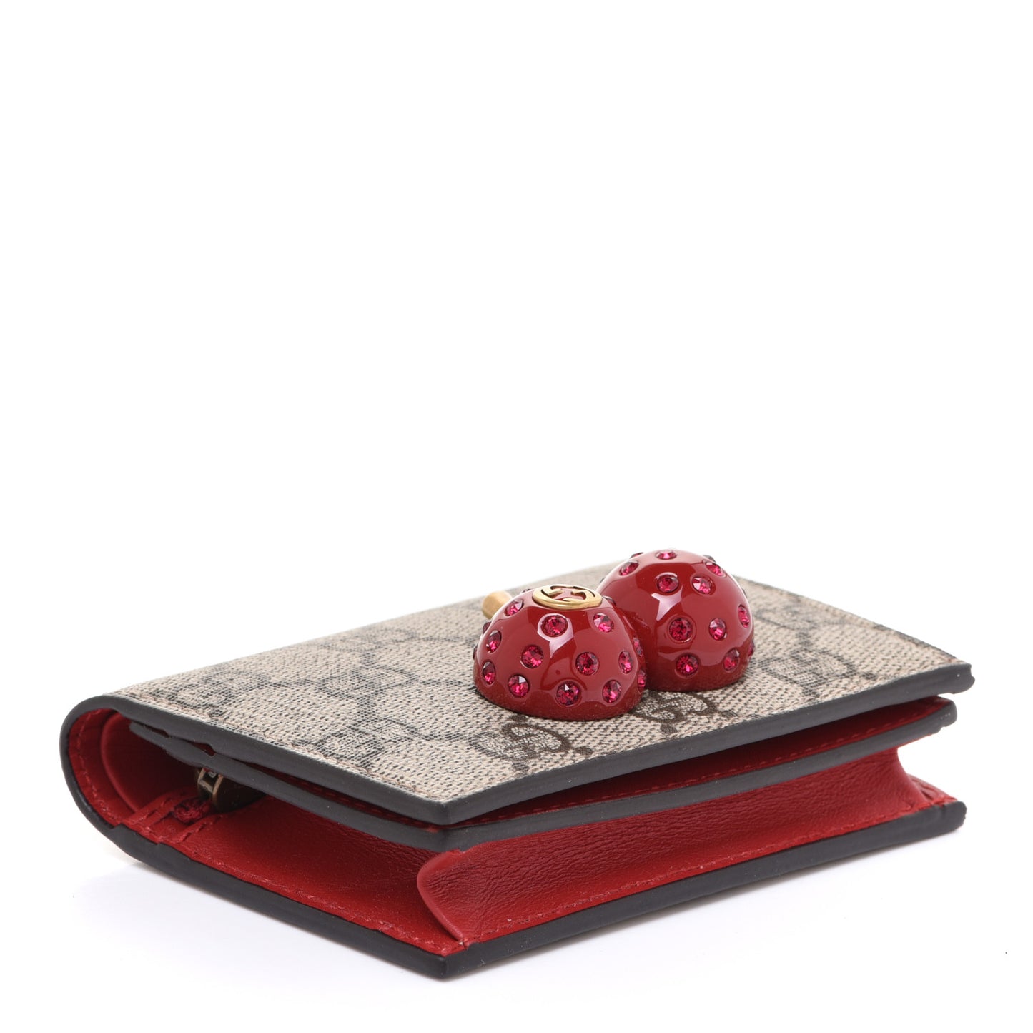 GG Supreme Monogram Cherry Embellished Card Case Wallet Hibiscus Red