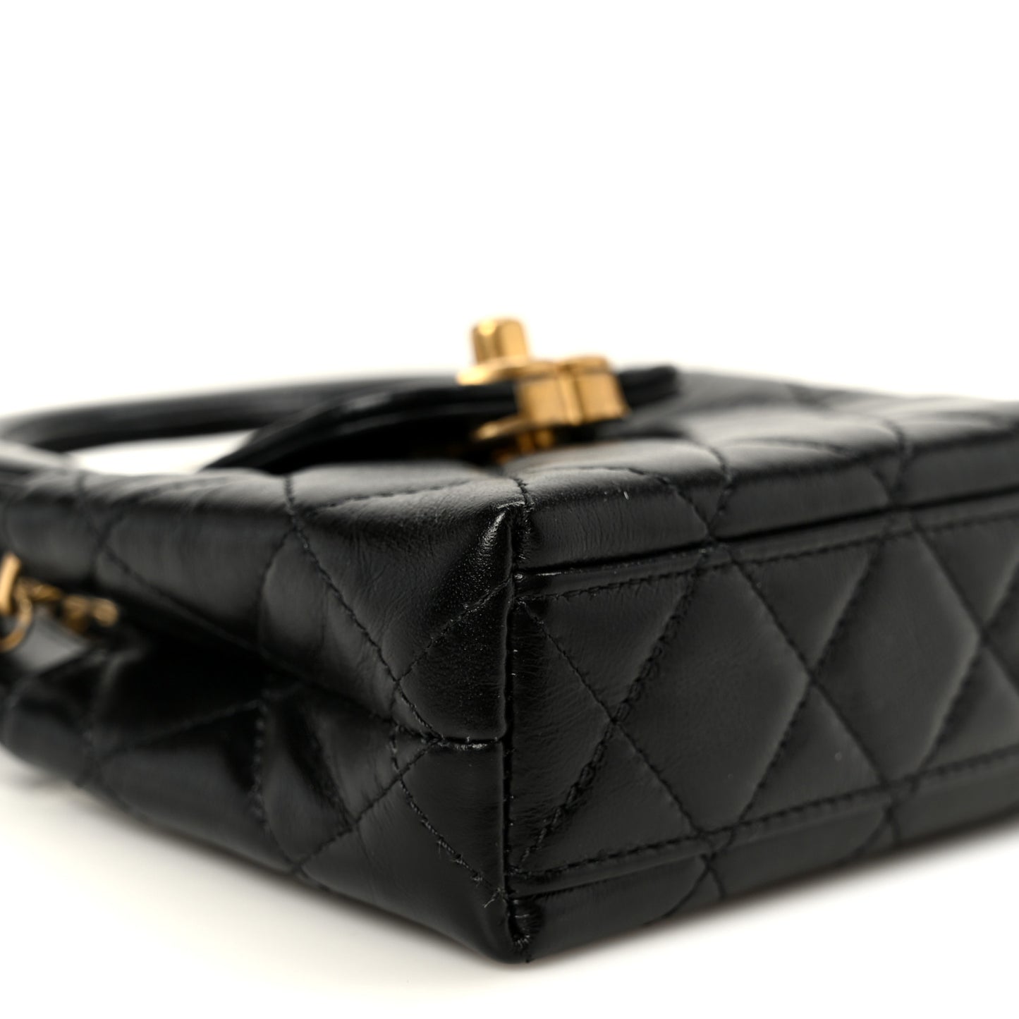 Shiny Aged Calfskin Quilted Mini Nano Kelly Shopper Black