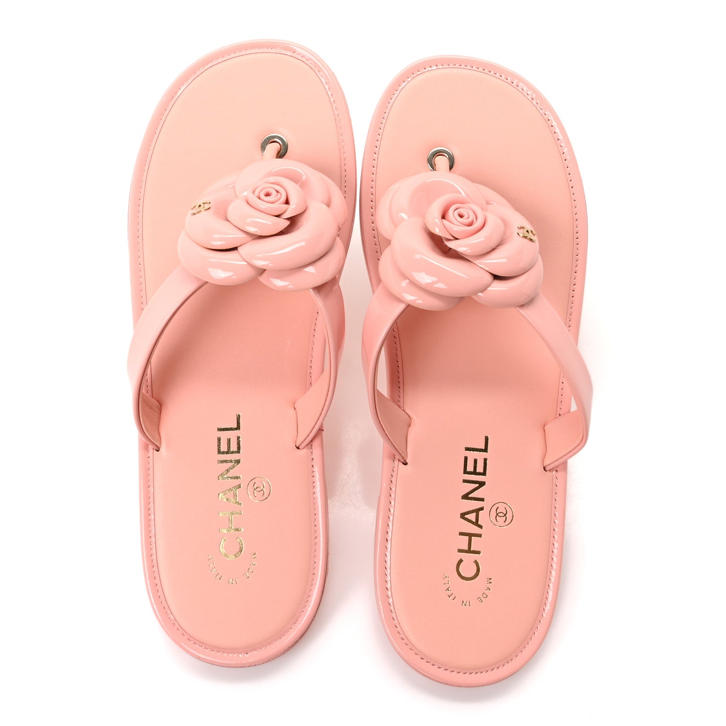 Patent Calfskin Camellia Thong Sandals 37.5 White 38 Light Pink