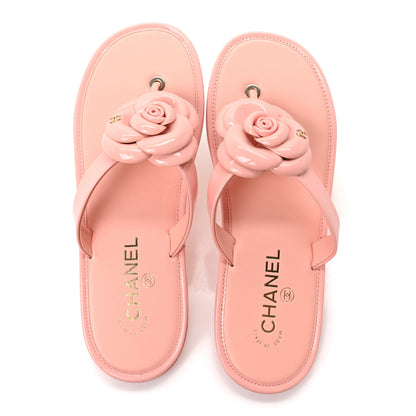 Chanel Patent Calfskin Camellia Thong Sandals 37.5 White 38 Light Pink 2 of 8
